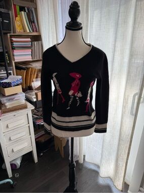 Women's Black V-Neck Sweater with Pink Graphic